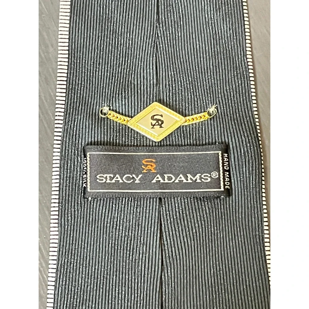Stacy Adams Mens 100% Silk Tie Black Silver Geometric Pattern Hand Made‎